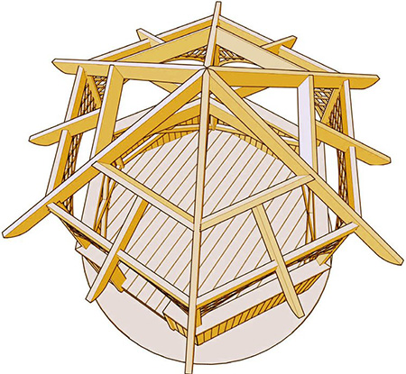 Схема стропильной системы шестиугольной беседки. Выполнена из шести основных стропил и шести половинчатых, подпирающих горизонтальные распорки.