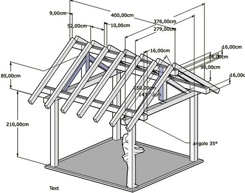 Схема каркаса крыши беседки без обрешетки с уклоном ската 35 градусов